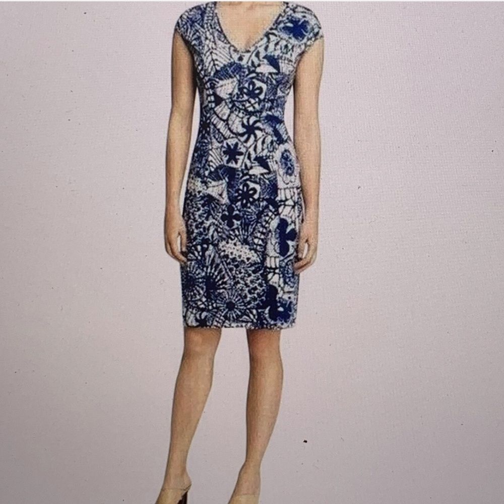 TORY BURCH Blue Baltic Sea Dream Catcher Dress MED Cap Sleeve V Neck Casua